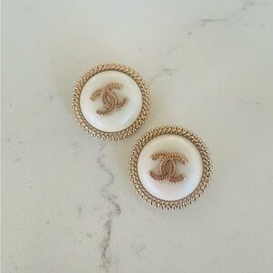 Luxury Faux Pearl/Gold Upcycled Logo Button Earrings 23mm